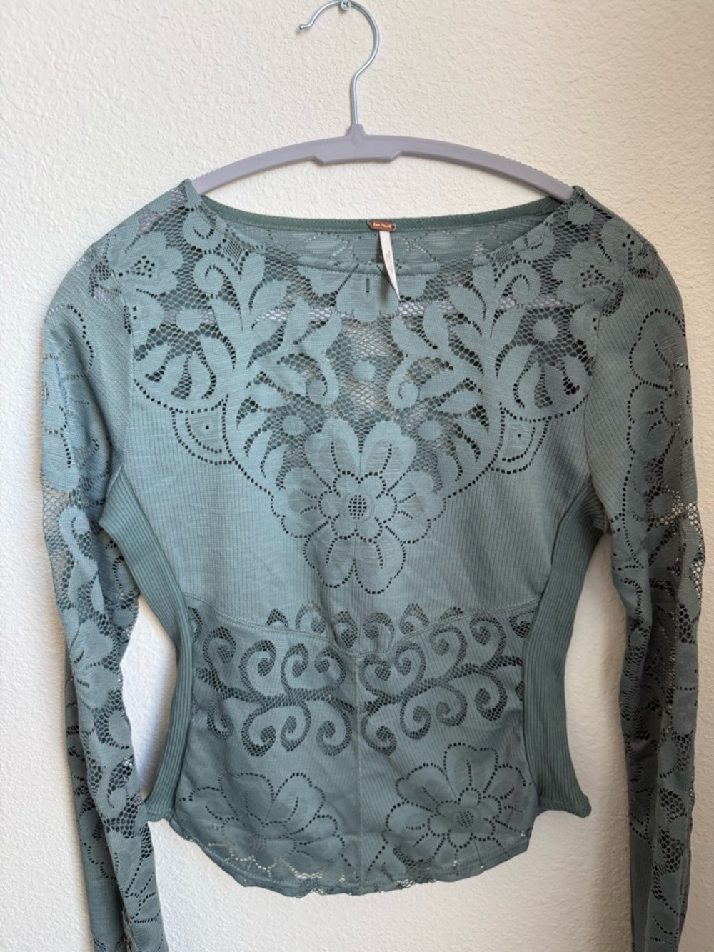 Free People Sheer Lace Long Sleeve Top - Sage Green Size Small